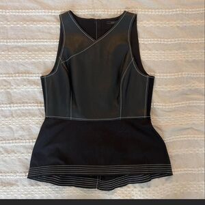 BCBGMaxAzria Black Sleeveless Faux-Leather Peplum Tank with White Topstitch